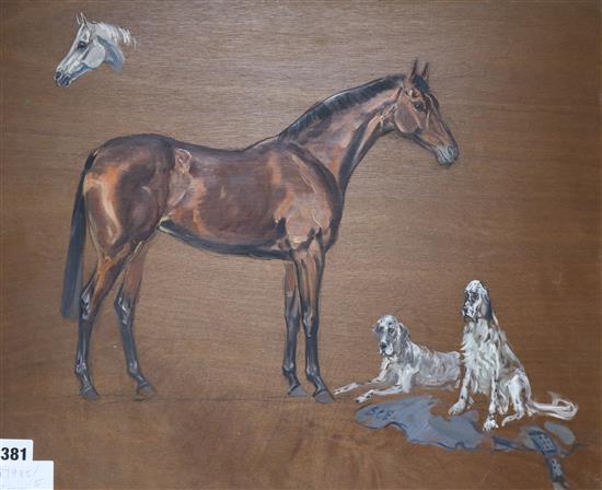 Barbara Waller commissioned painting for Roy Denys Francis c.1965, study of a horse and two setters, 41 x 51cm